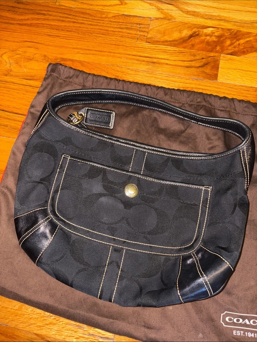Coach Black Signature Canvas Shoulder Bag with Leather Trim